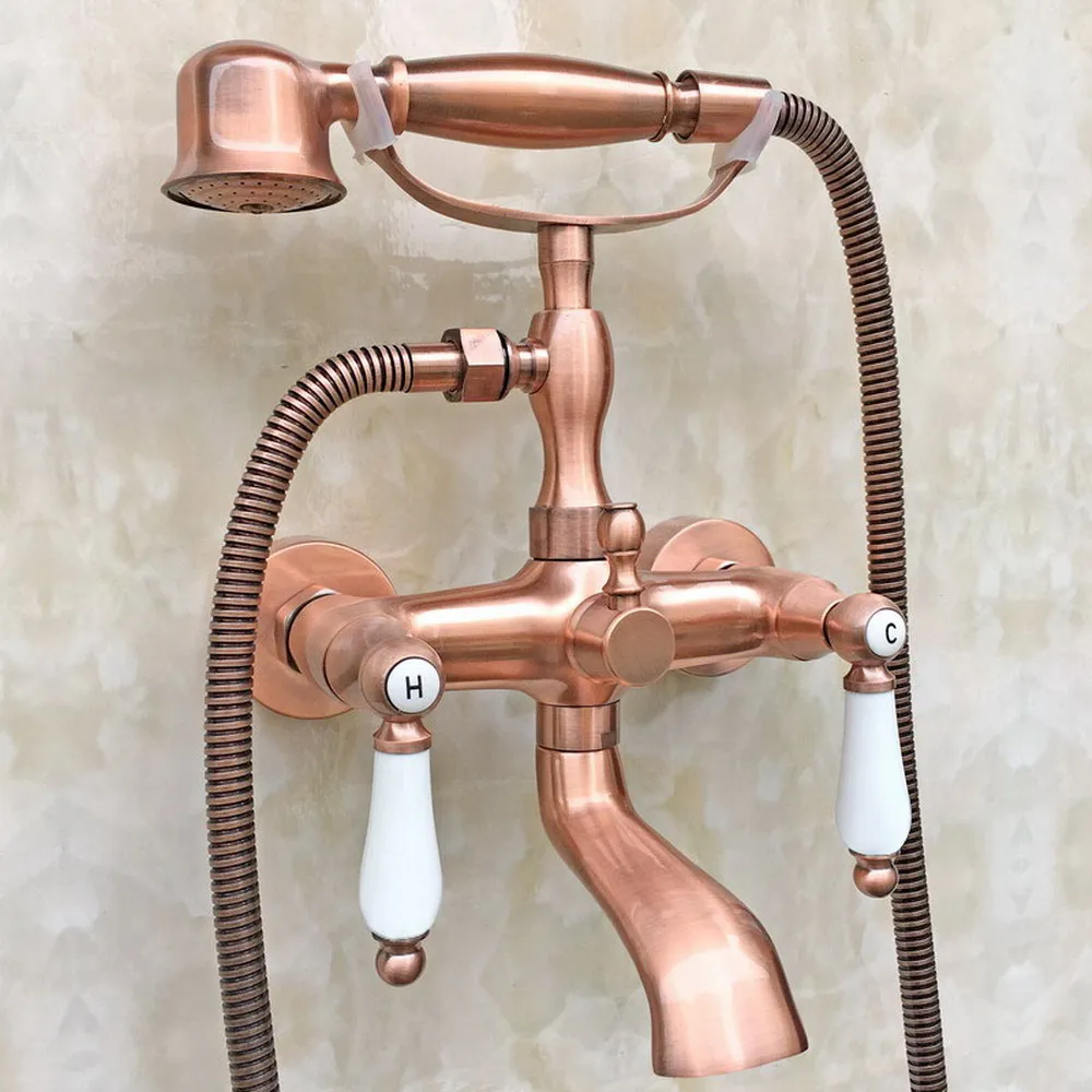 

Red Copper Ceramic Handles Bathtub Faucets Bathroom Basin Mixer Tap With Hand Shower Head Bath & Shower Faucet Ktf806