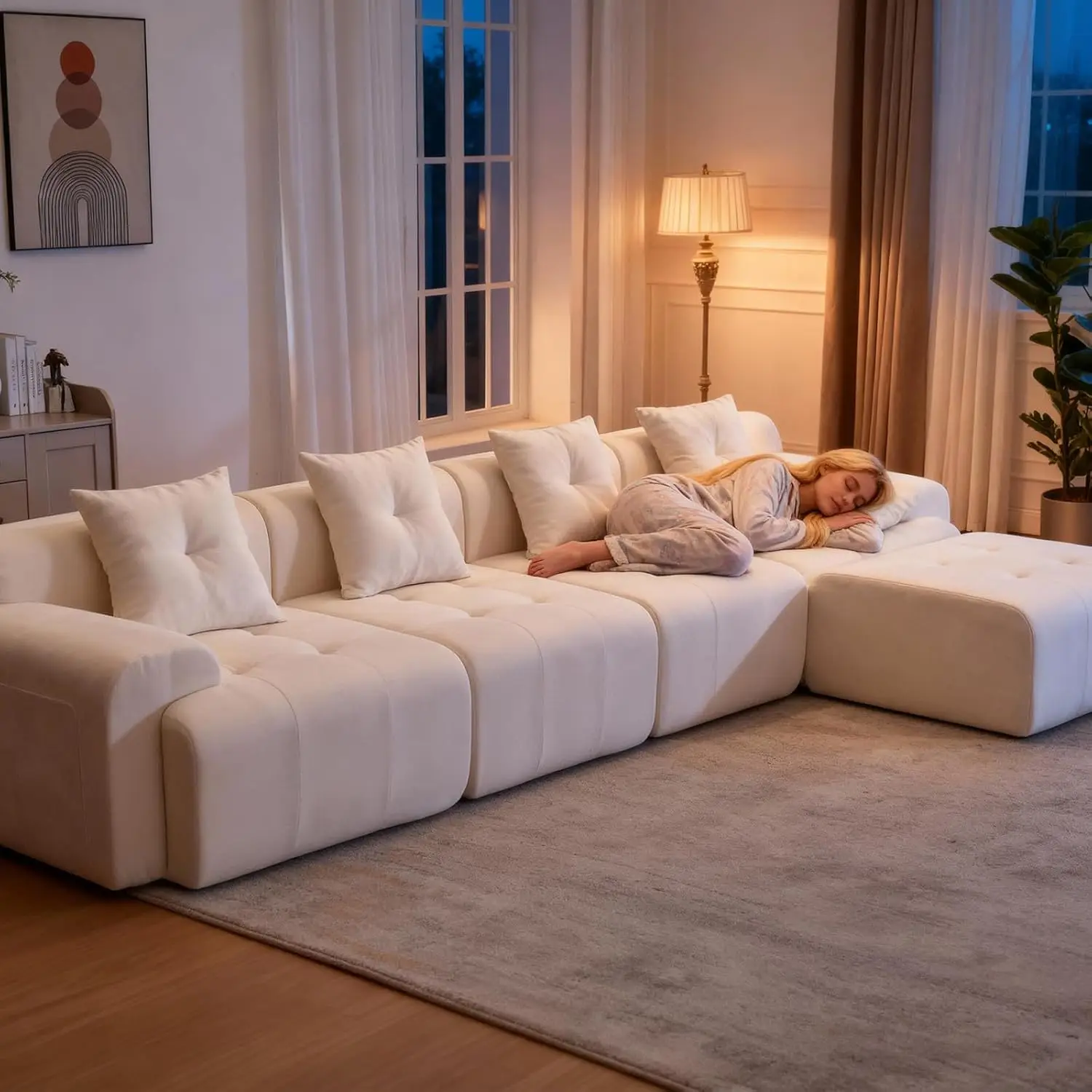 

Modular L-Shape 4-Seater Sofa with Ottoman Oversized 30D Sponge Living Room Beige, Customized