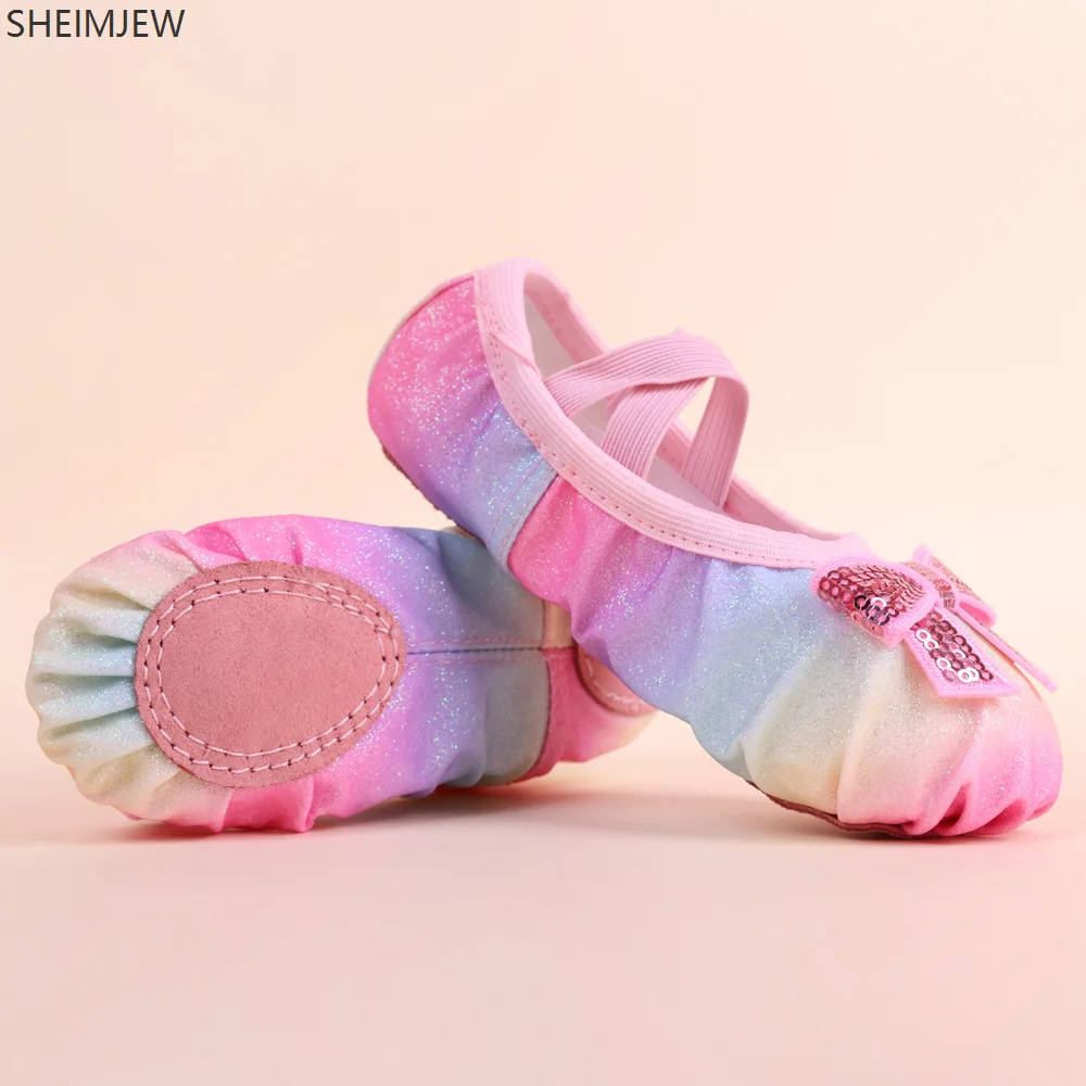 

Children's Rainbow Sequin Dance Shoes Soft Sole Training Shoes Cute Bow Cat Claw Ballet Body Yoga Girls Gymnastics Shoes 2025