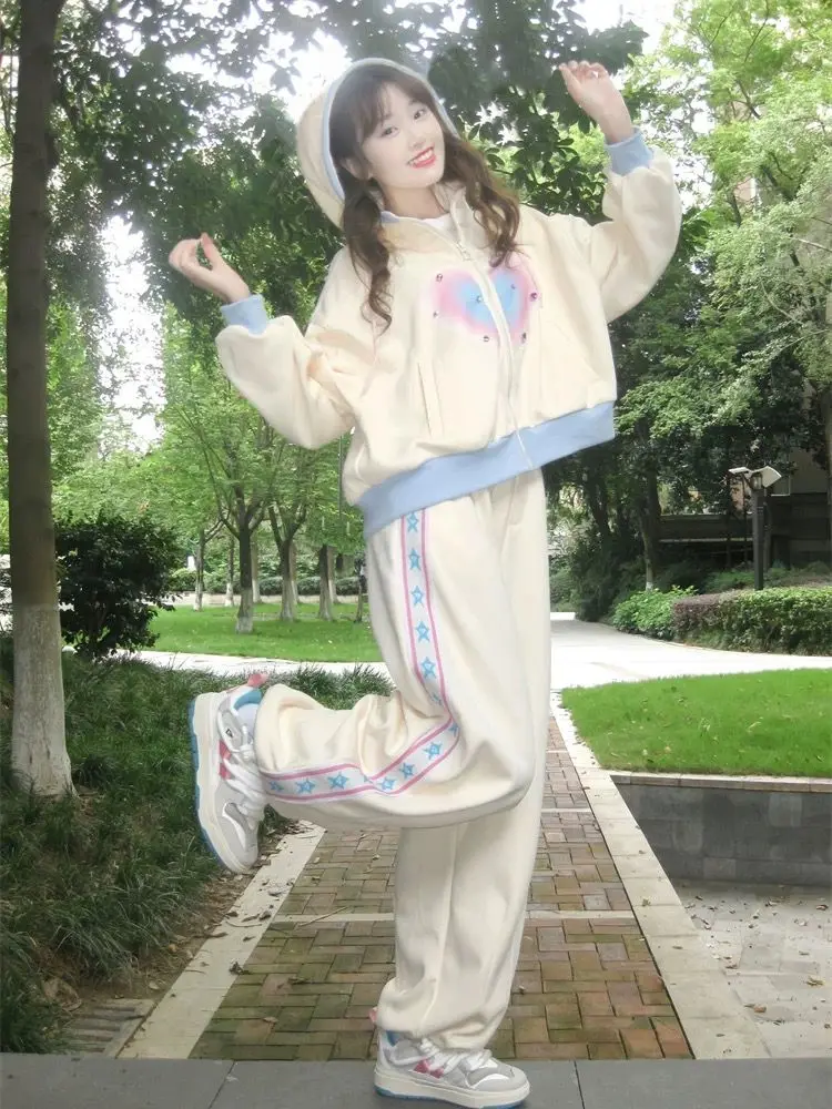 

Autumn Sports Suit for Women Korean Loose Preppy Style Long Sleeved Zipper Hoodie + Jogger Pants 2 Pcs Sets Women Y2k Suits
