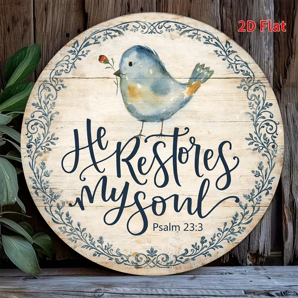 2D Flat Round Sign, Vintage Decorative Plaque with Bible Verses And Birds, 
