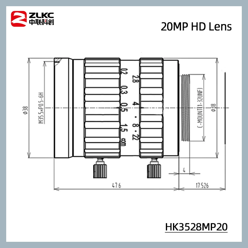 HD 20 Megapixel 35 mm Fixed Focal Length 1.1 Inch Large Sensor Low Distortion Machine Vision Lenses C Mount F2.8 Industrial 20MP