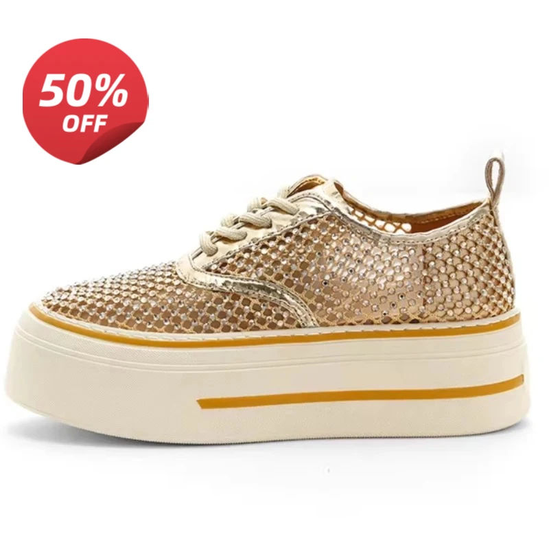 Light Gold Mesh Breathable Thick Soled Shoes for Women's Summer New Rhinestone Comfortable Height Increasing Casual Sports Shoes