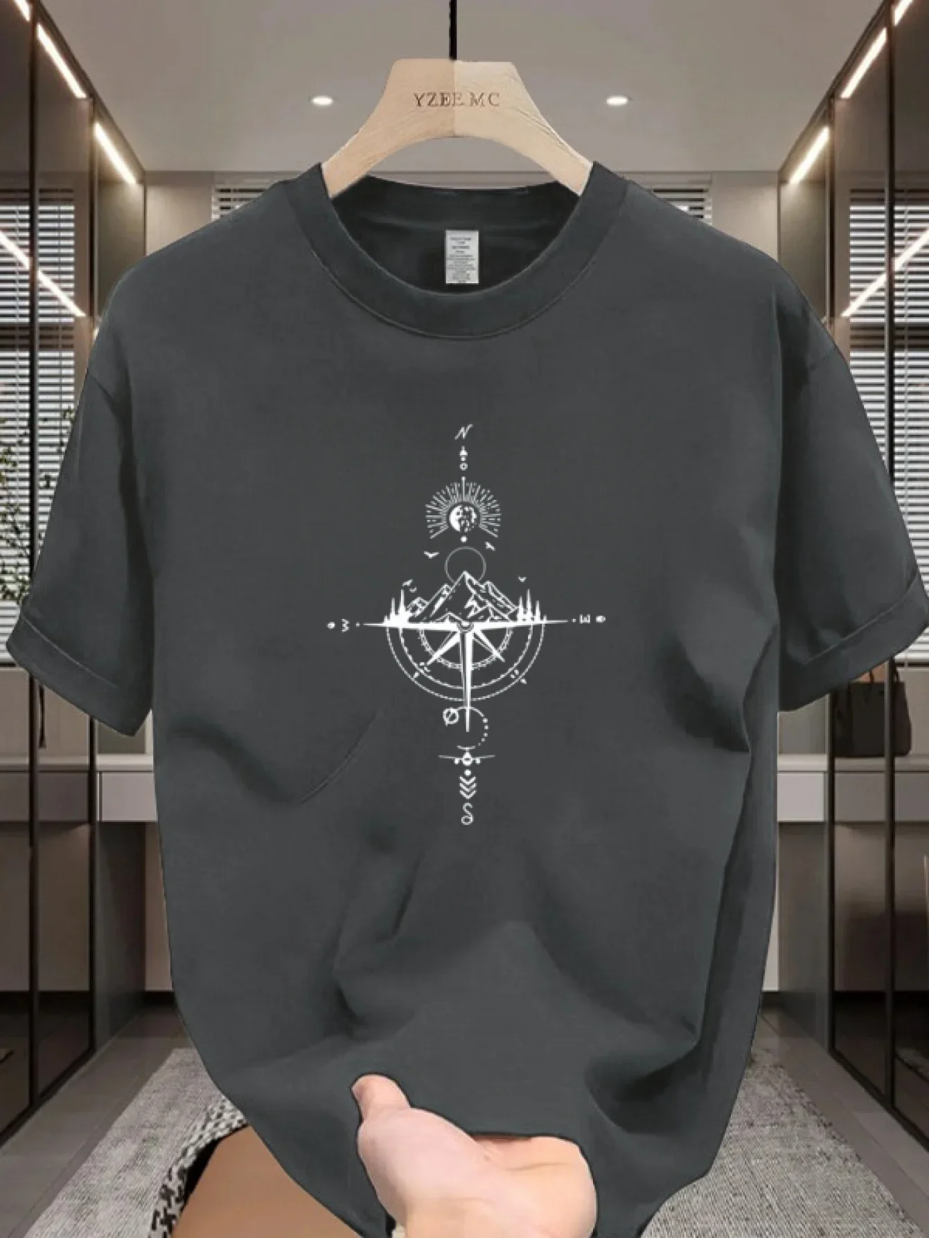 Men's summer 100% pure cotton fashionable casual loose sports compass map printed round neck short sleeved T-shirt top