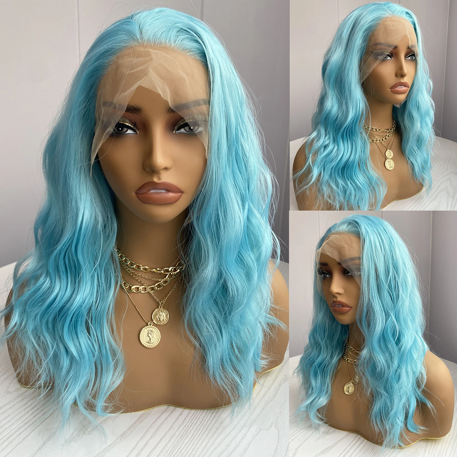 

Синие короткие парики AIMEYA для женщин, термостойкие, с короткими волнами, с кружевной передней частью, из термостойкого синтетического волоса, для повседневного использования и косплея