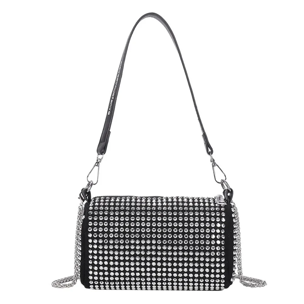 

Casual Large Capacity Rhinestone Handbag Blingbling Shiny Small Square Bag Zipper Pillow Bag Chain Shoulder Bag Daily