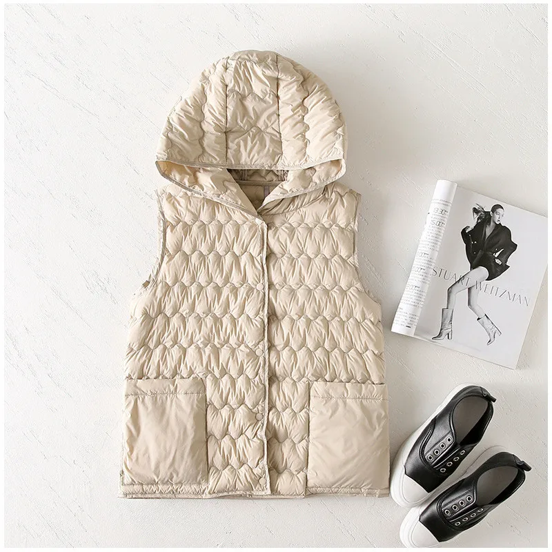 

Women Down Waistcoat Jacket Winter Warm Light Thin White Duck Down Vest Ladies Sleeveless Wave Pattern Short Hooded Vests Coat