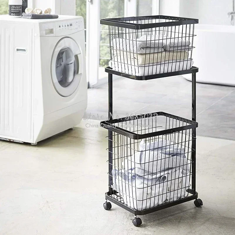 

Double Layer Cloth Storage Baskets Rack Floor Stand Bathroom Clothing Storage Sundries Iron Laundry Storage Basket with Wheel