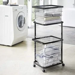 Double Layer Cloth Storage Baskets Rack Floor Stand Bathroom Clothing Storage Sundries Iron Laundry Storage Basket with Wheel