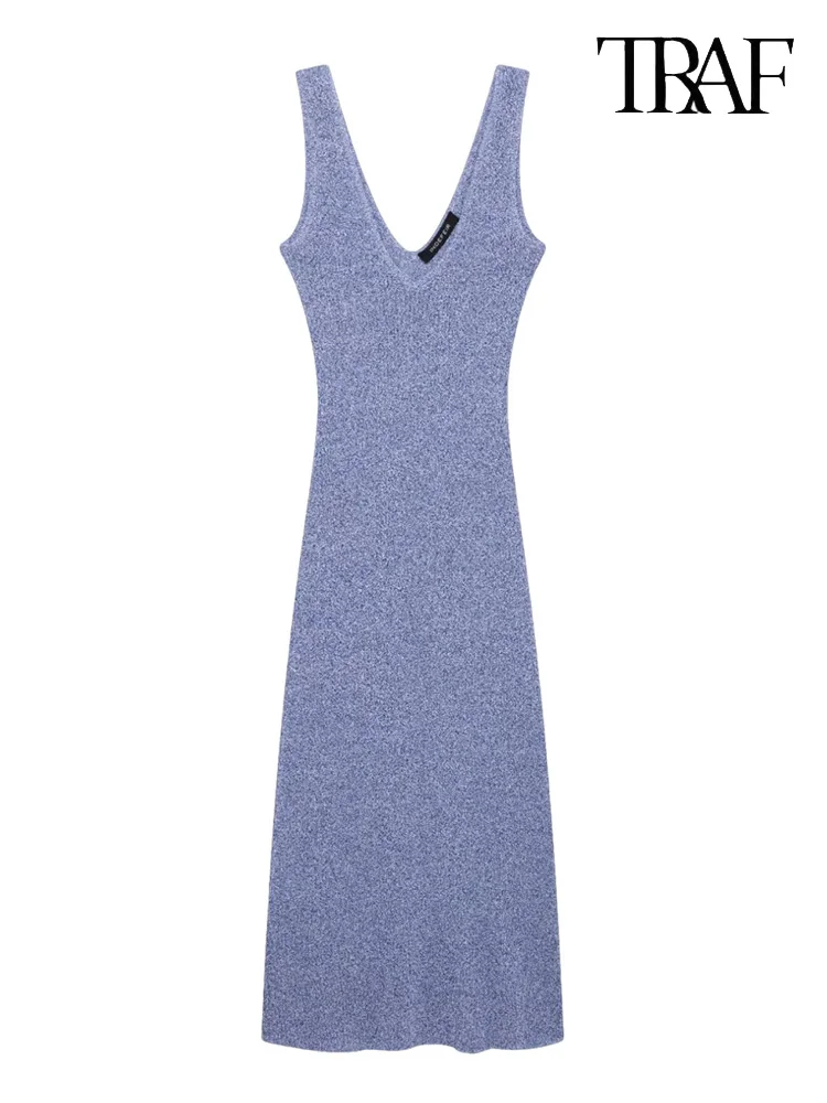 

TRAF Women's Pullover V-neck Mid-length Slimming Dress New resort style knitted sleeveless Midi dress Elegant women's clothing