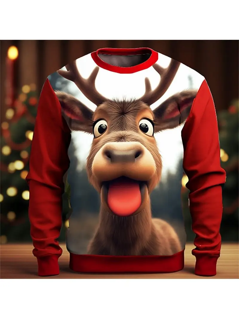 Men's Graphic Elk Moose Christmas Sweatshirts Pullover Long Sleeve Crew Neck Fashion Daily Casual 3D Print Holiday Vacation 2025