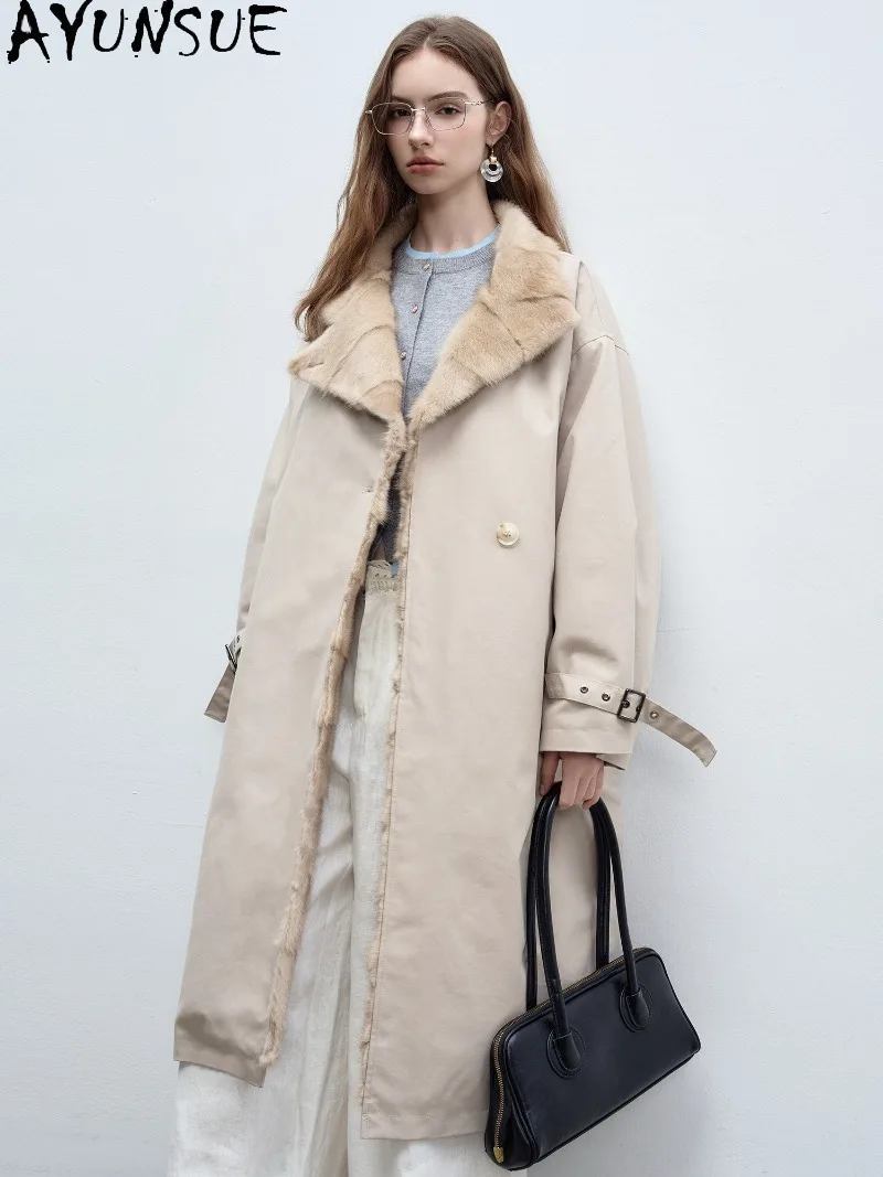 AYUNSUE 90% White Goose Down Coat Genuine Sable Fur Collar Womens Warm Winter Clothes Long Length Elegant Coats Abrigos De Mujer