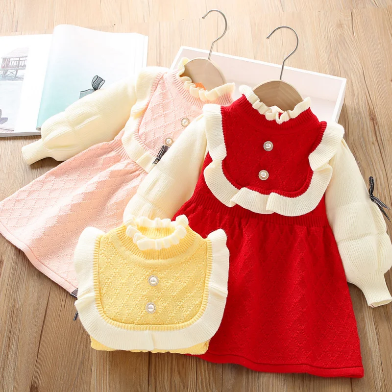 

Girls Sweater Dress Autumn and Winter New Style Puff Sleeve Bow Knitted Pullover Princess Dress