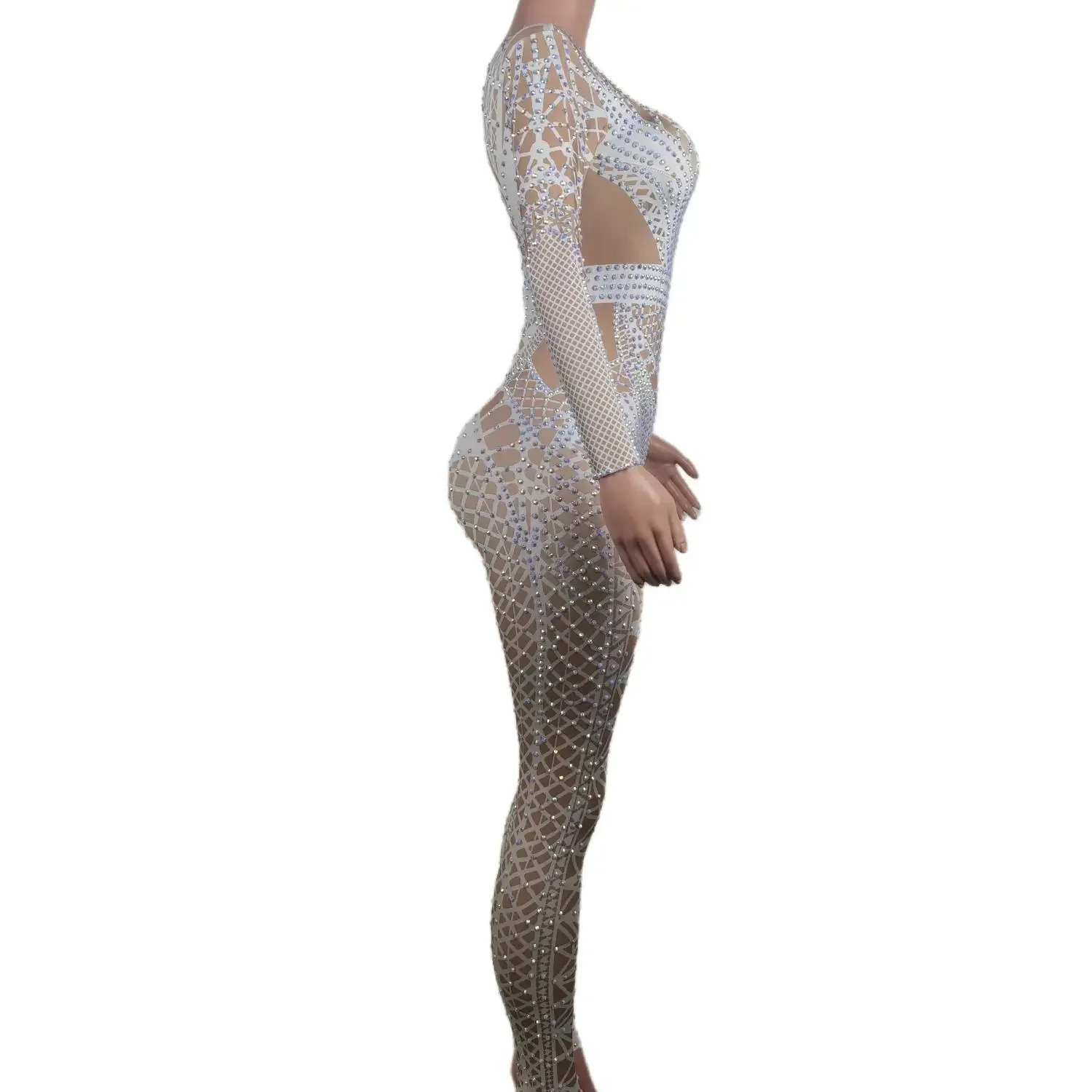Sexy White Glitter Jumpsuit Women Rhinestone Costume Fashion Lady One Piece Nightclub Party Wear Dance Singer Stage Show Outfit