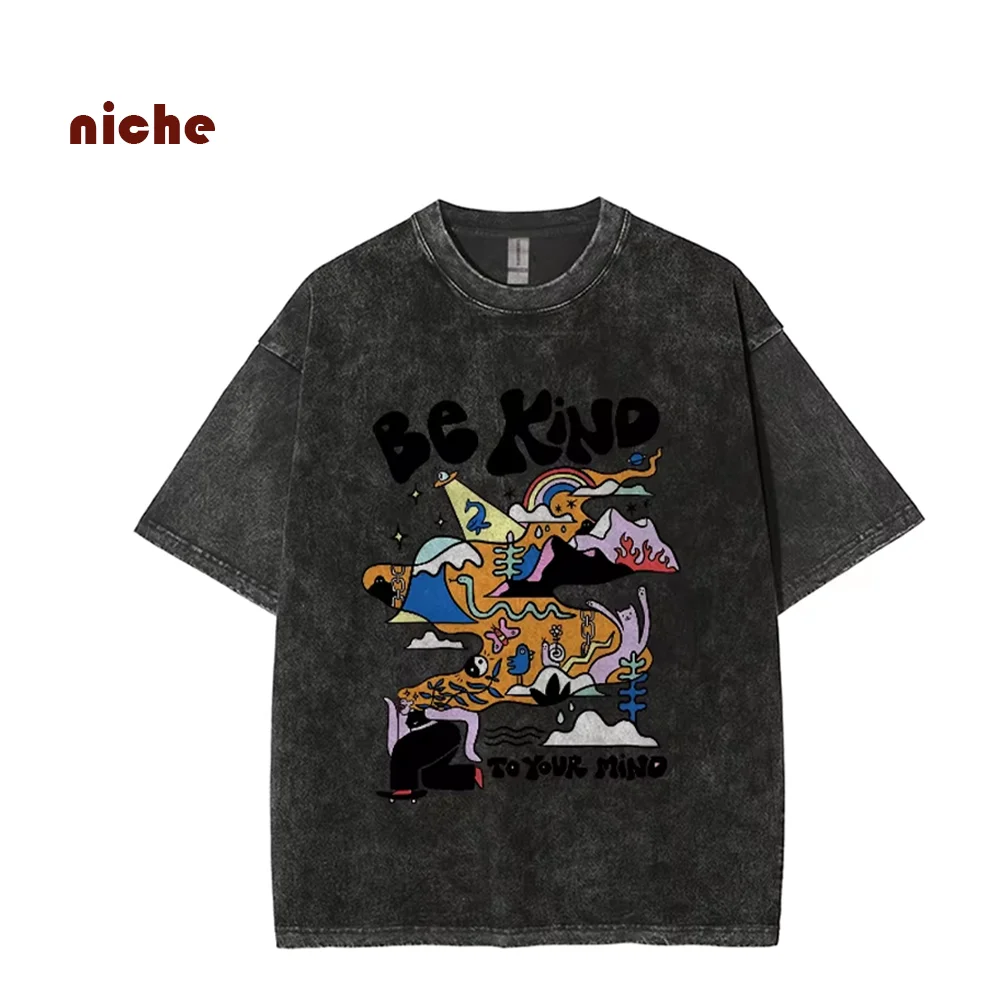 

Neutral Style T-Shirt Abstract Printing Letter Contrasting Color Round Neck Casual Washing Large Size Short Sleeve Trendy New