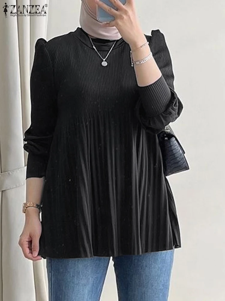

ZANZEA Womens Plisse Pleated Blouses Day Wear Hijab O-Neck Casual Islamic Tops Muslim Modest Elegant Long Sleeve Blusas Mujer