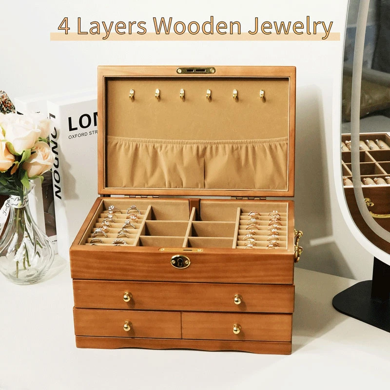 

YB Women's Wooden Jewelry Box, 5-Layer Large Storage Box with Mirror and 4 Drawers, Can Store Rings, Earrings, Necklaces,