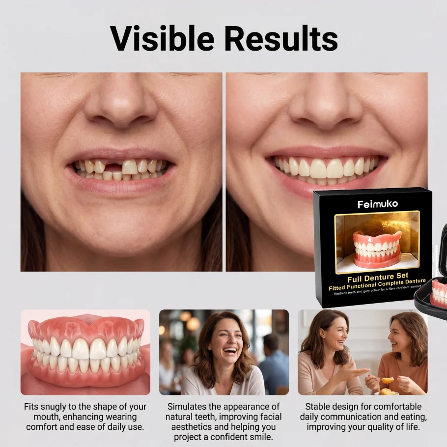 Premium Custom Upper & Lower Full Mouth Silicone Dentures, Lifelike Natural Teeth All-Day Comfort Boost Confidence & Oral Care
