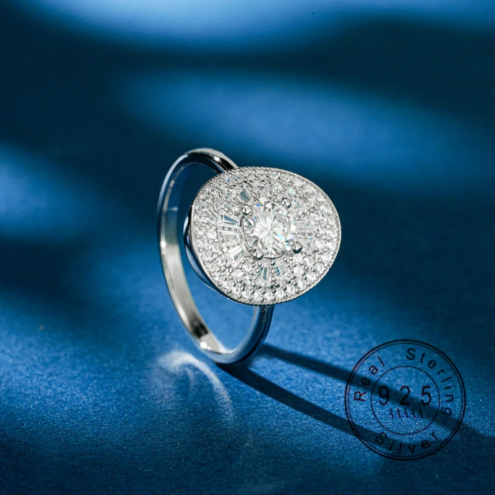 

925 Sterling Silver 0.5CT Round Cut Moissanite Halo Ring Oval Sunburst Statement Ring for Women Fine Jewelry