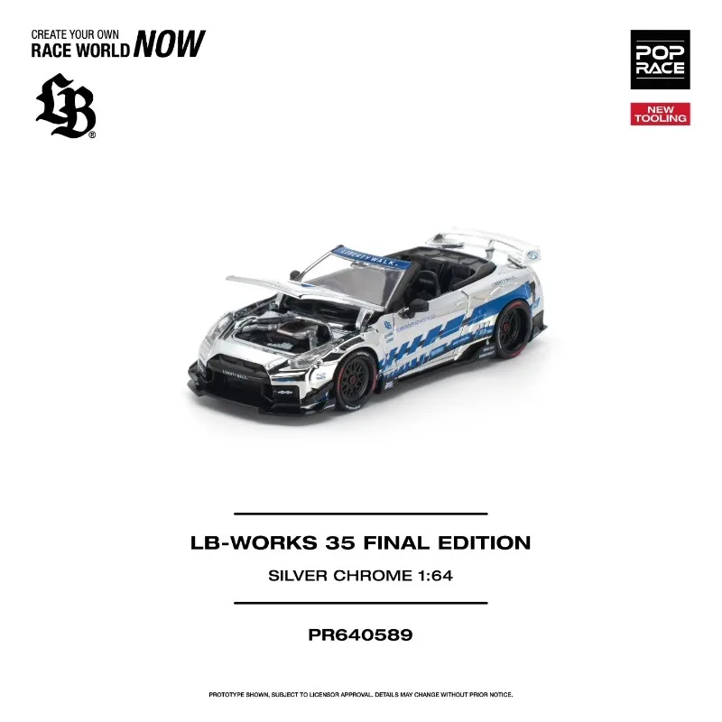 POPRACE 1:64 Nissan GTR R35 LB wide body modified die-casting alloy car model electroplated silver blue