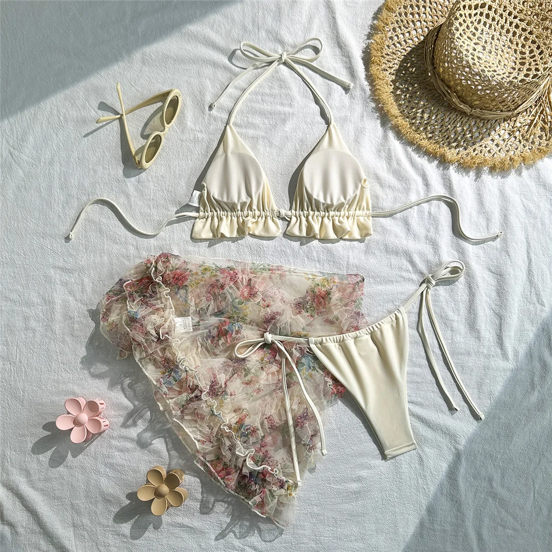 Bikini, Damen-Badeanzug, dreiteiliges Bikini-Set mit floral bedrucktem Sarong, gepolsterter Badeanzug, Badebekleidung, Modell V7569S. – Detail 16