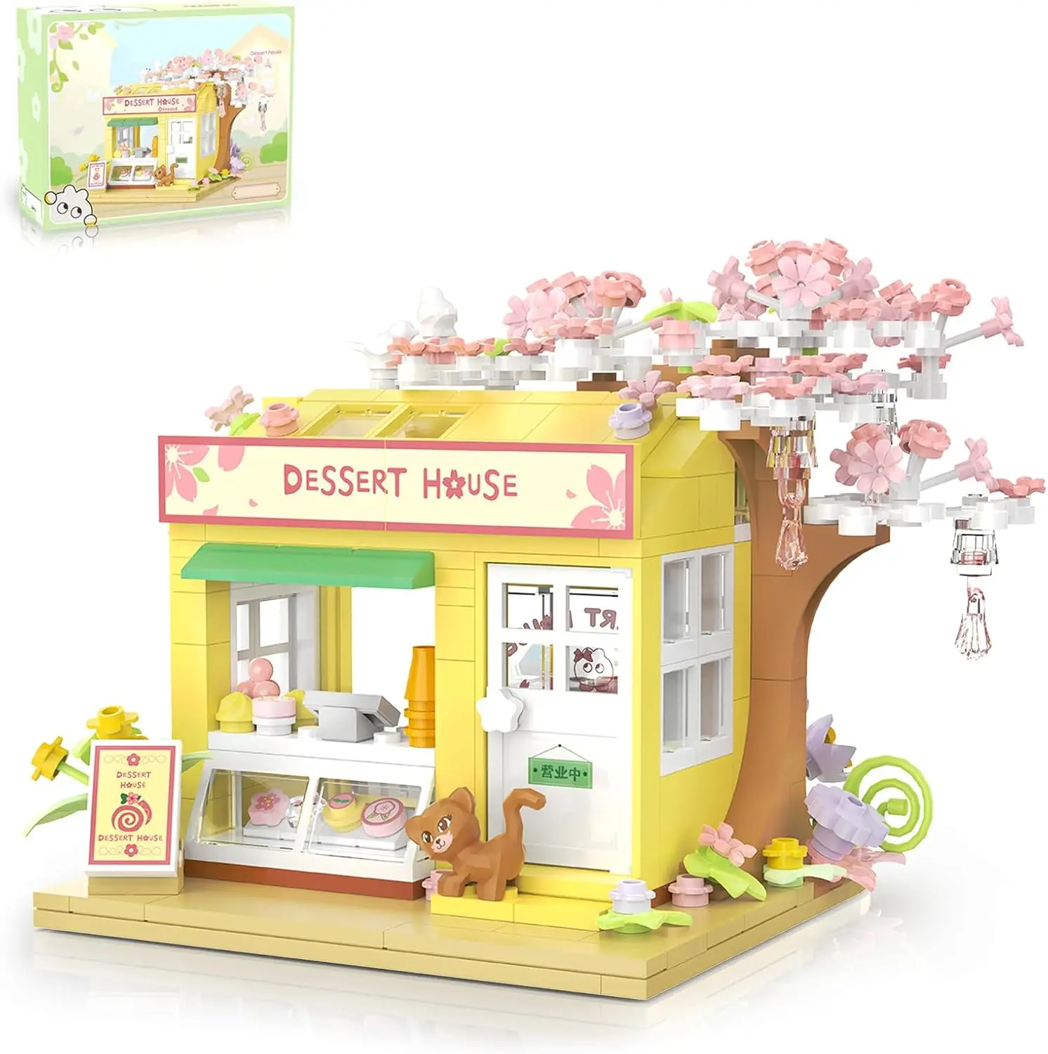 Cherry Blossom Dessert House Building Block Set, Creative DIY Toy for Architecture and Sweets Lovers, Christmas Present (376PCS)