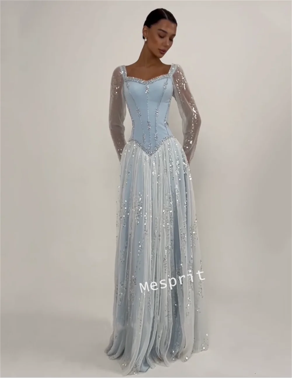 Customized Glitter Women's Evening Dress Pleat Sequined Long Sleeves A-line Long Dresses Bespoke Occasion Elegant Party Wedding