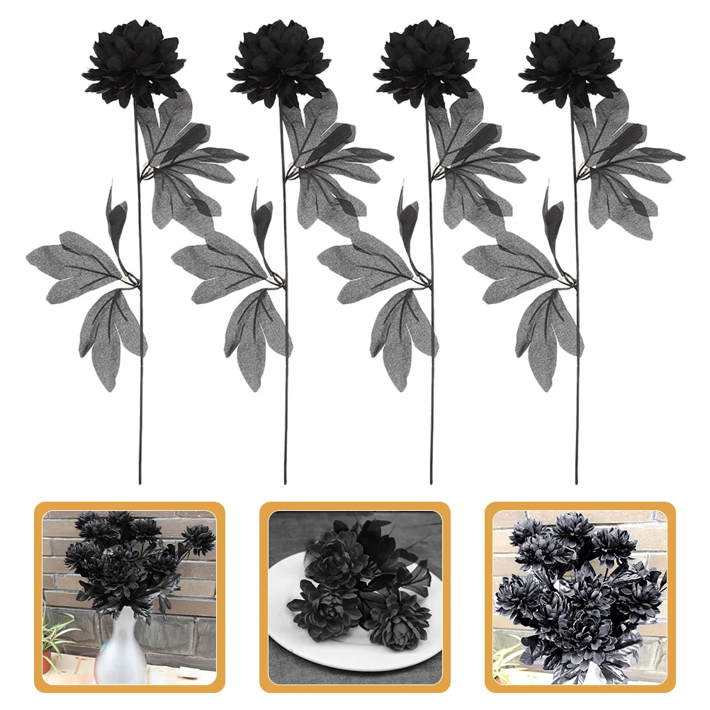 

12Pcs Fake Dahlias Black Stemmed Artificial Flowers for Halloween Table Decorations Home Wall Window Display Event Arrangements