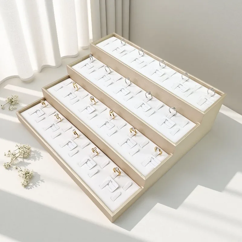 Trapezoidal Rings Display Stand Leather Jewelry Showcase Holder Multi-layer Ring Storage Shelf Counter Jewelry Display Organizer