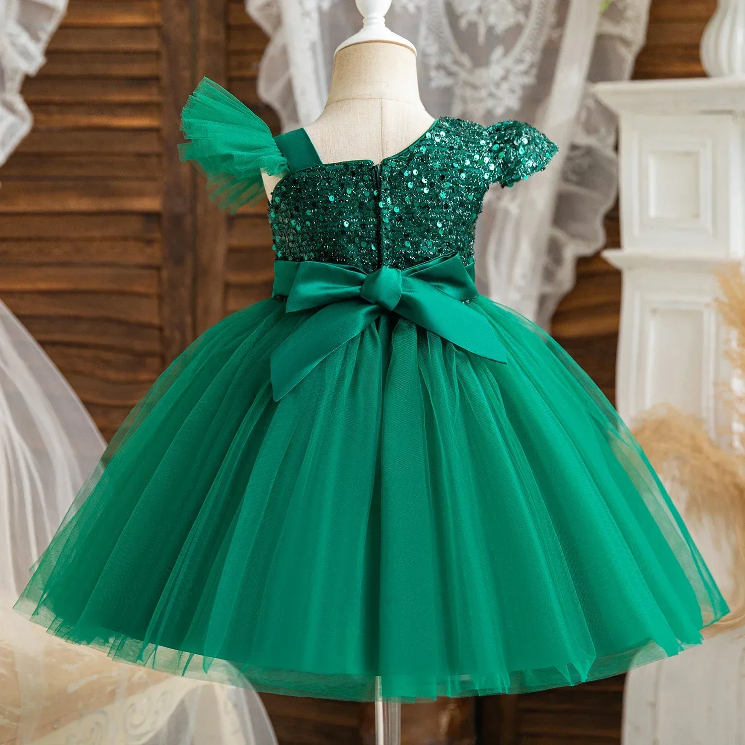 Baby Girls 1st Birthday Party Dress Princess Sequins Green Dress Toddler Kids Wedding Gala Gown Flower Fluffy Dress Baby Dresses