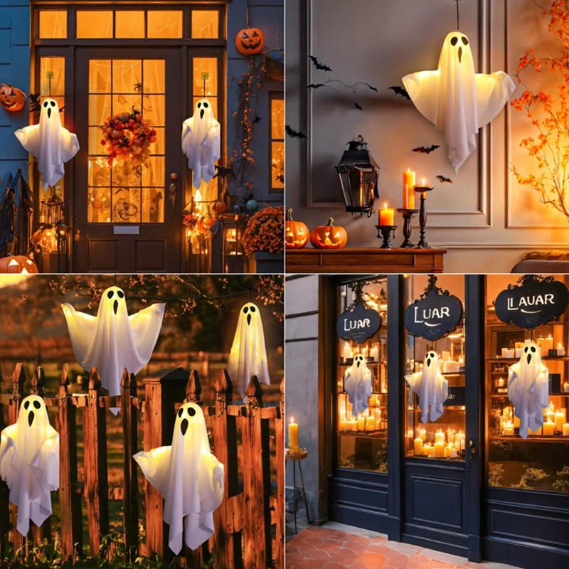 Halloween Party LED Glow Ghost Home Indoor Outdoor Decoration Supplies 2024 Haunted House Bar Hanging Horror Props With Lights