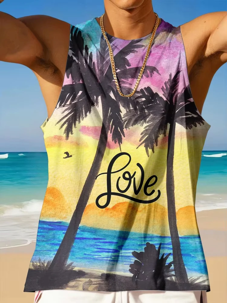 

Men's Hawaiian Tank Top Summer Outdoor Beach Casual Men's Sleeveless T-Shirt 3D Palm Leaf Print Men's Round Neck Daily Vest Tops