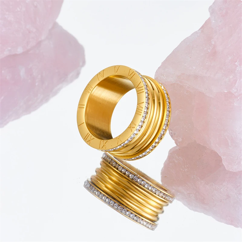 UILZ Fashion Luxary Double Rows Full Of Crystal Roman Numerals Finger Ring For Women Crystal Ring Party Jewelry