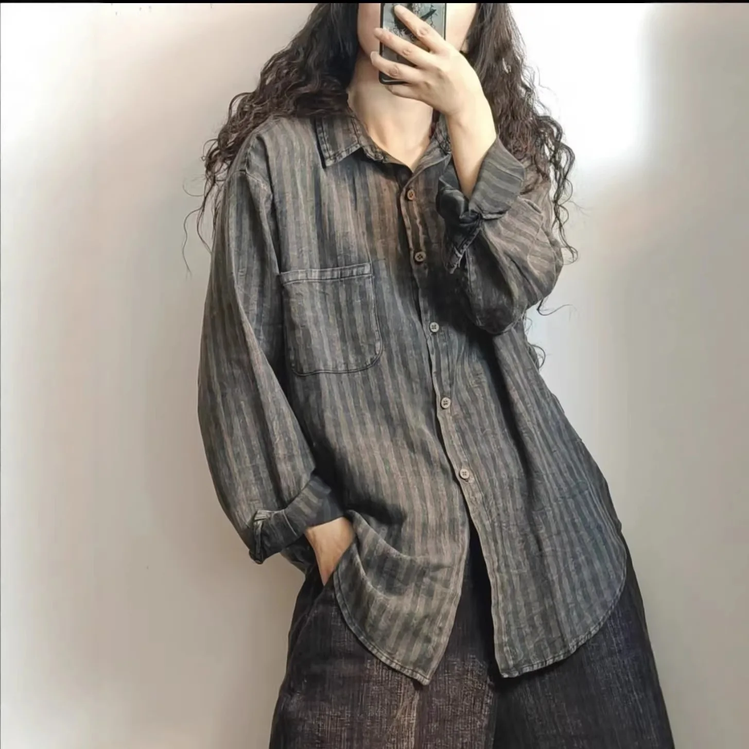 

2026 Women Cotton Linen Shirts Spring Autumn Retro Striped Pockets Turn-Down Collar Full Sleeve Female Tide Tops