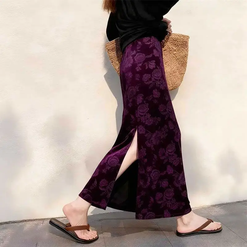 2025 National Style Autumn and Winter Jacquard Velvet Skirt Slimming New Bottom Slit Step Women's Skirt