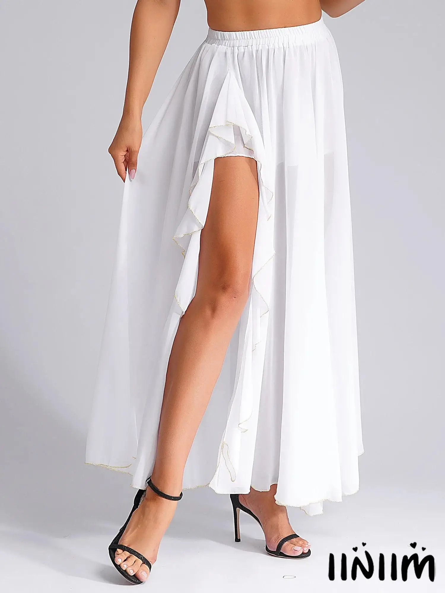 Women Flowy Belly Dance Skirt Pleated Chiffon Maxi Side Split Pants Skirt Cascading Ruffles Side Split Swing Skirt Dance Costum