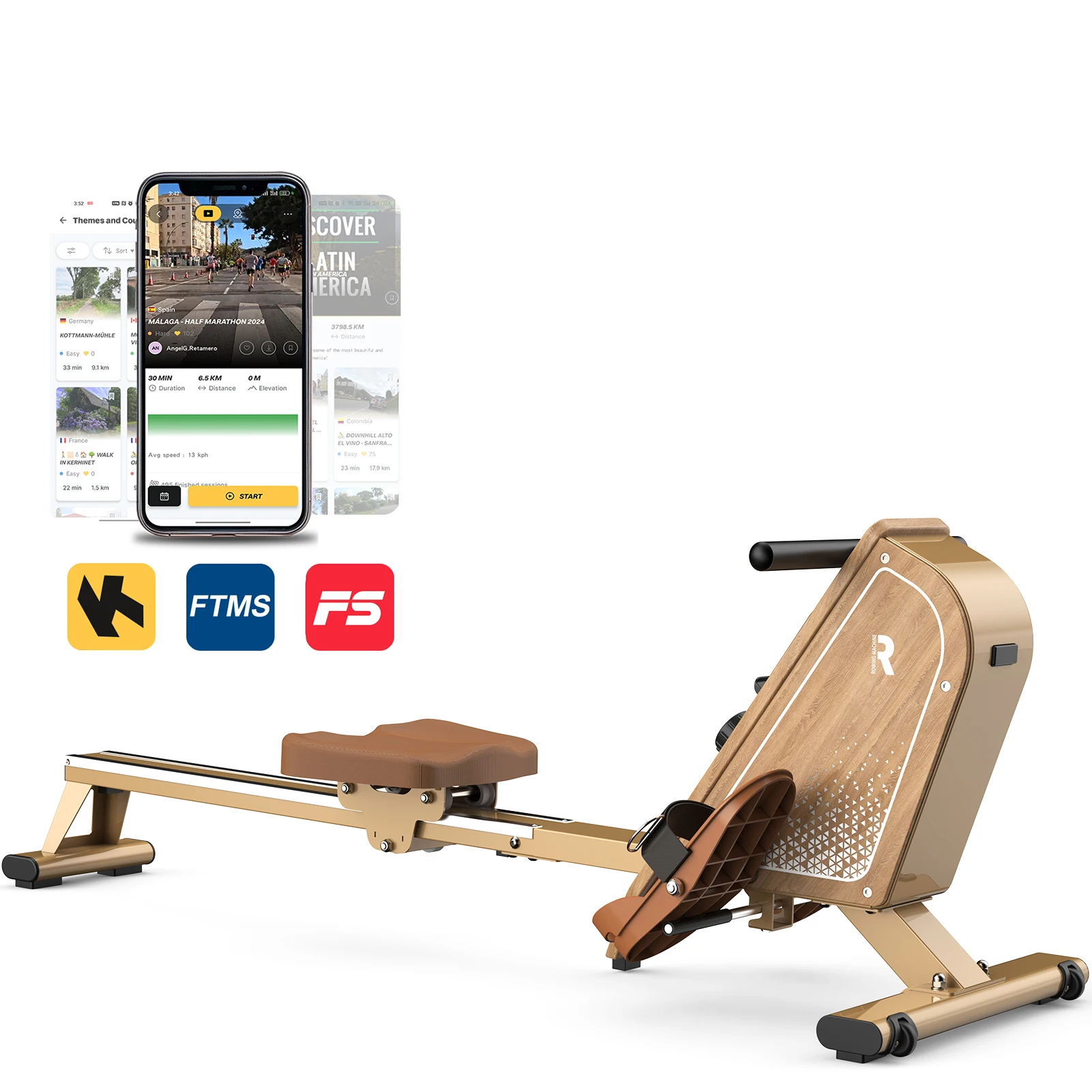 Máquina de remo magnética Fysiq para uso doméstico, con Bluetooth, compatible con Kinomap, 6 niveles de resistencia, capacidad de peso de 150 kg lb, almacenamiento vertical