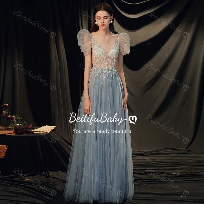 فستان سهرة للنساء على شكل حرف v فقاعة بأكمام قصيرة على شكل حرف a تنورة الأورجانزا فساتين الحفلات النسائية Vestidos Elegantes