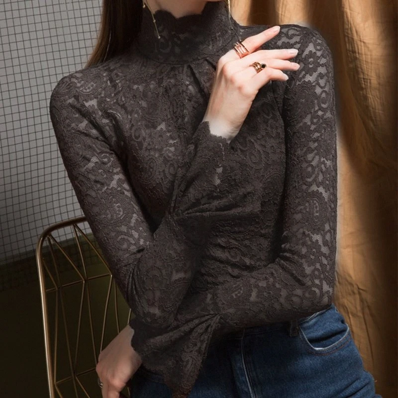 Elegant Lace Shirt Women's Base Layer Top Flared Sleeve Fleece Lined Half High Collar Spring 2025 Short Sleeve Other 100%