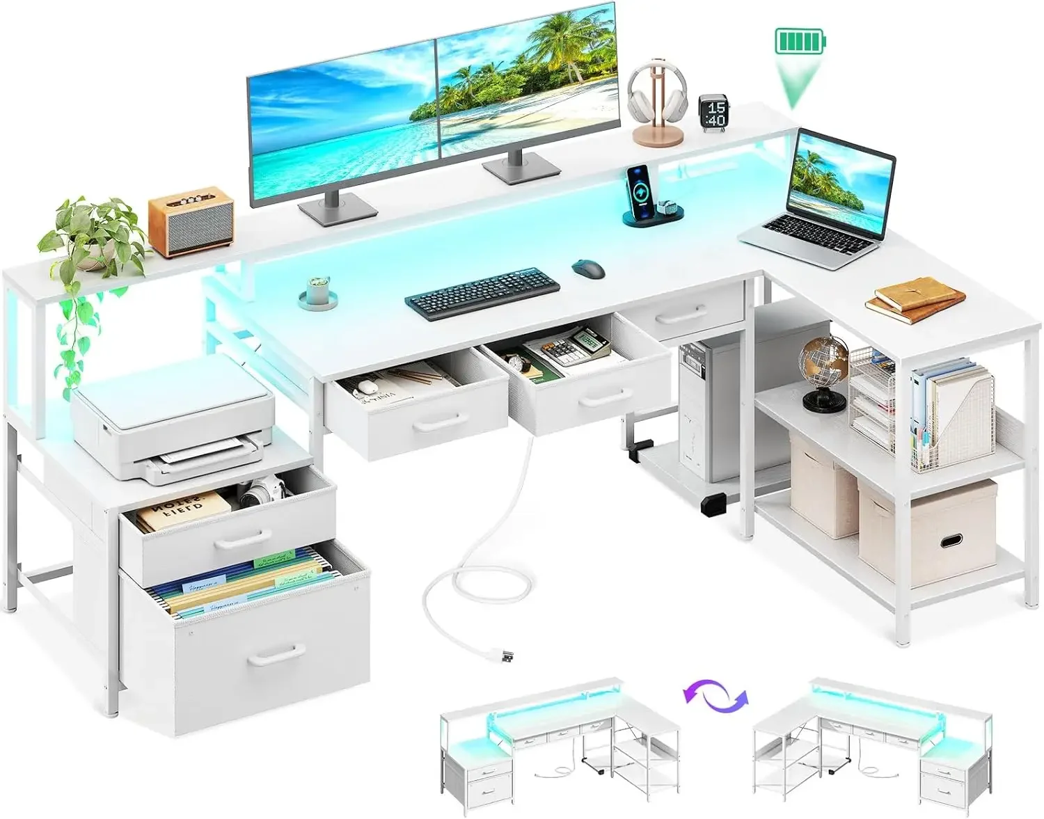

L Shaped Desk with 5 File Drawers, 66" Reversible L Shaped Computer Desk with Power Outlet & LED Strip, Office Desk with Storage