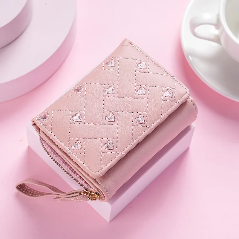 Cute Embroidery Love Women's Short Wallet PU Leather Fold Card Holder Mini Coin Purse With Zipper Luxury Ladies Money Clip