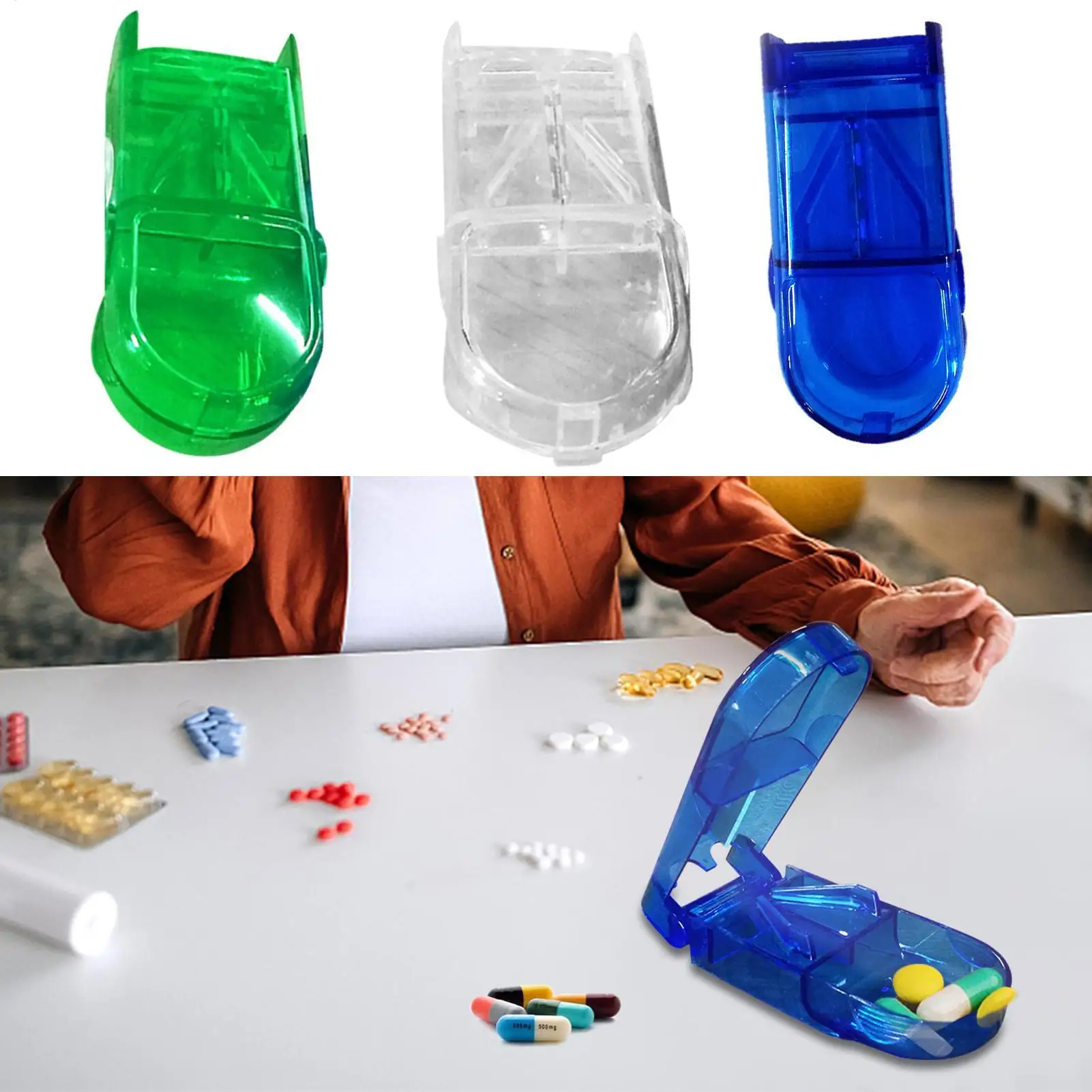 Tragbarer kleiner Pillenteiler, persönlicher Vitamin- und Pillenschneider, transparenter Medikamentenzerkleinerer für Erwachsene und Kinder, tragbare Pille