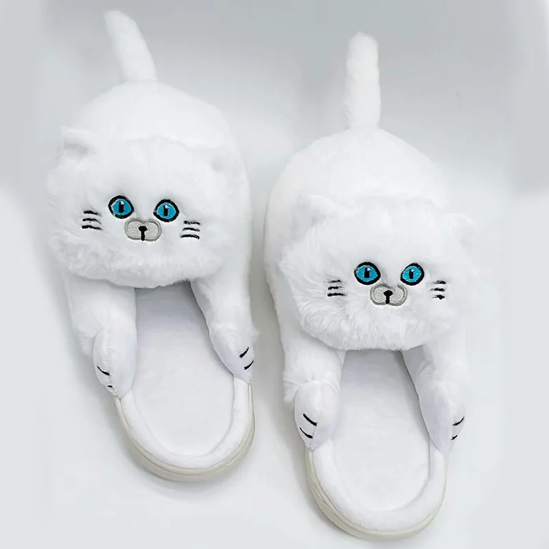 Cute Cuddle Cat Slippers Unisex Winter Home Shoes Kawaii Furry Kitty Slipper Girl White Fluffy Mules Funny Gift Birthday Present