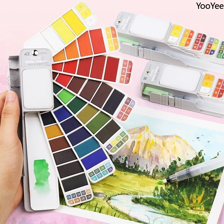 Yooyee Fan Travel Solid Watercolor Paints Set 18/25/33/42 Colors Water Color Paint Portable For Painting Kids Art Supplies Gift