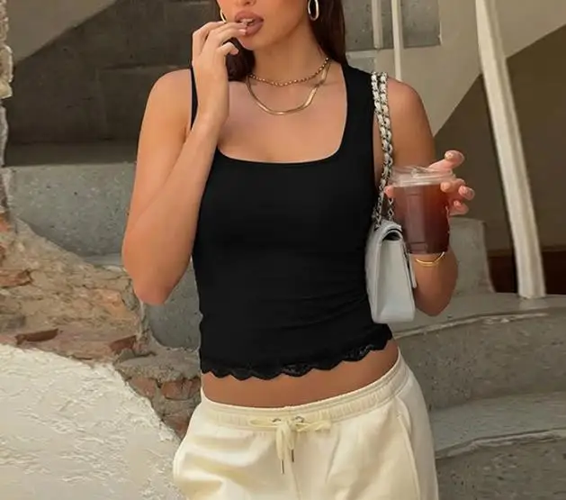 

Women's Vest 2026 Summer New European and American Y2K Fashion Sexy Crochet Lace Splicing Square Neck Sleeveless Tank Top