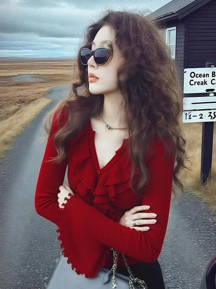 

Ele V-ne Knitwear Women's Autumn Winter New Sle Unique Bell Sve Aosphere Feeling Sweater Trendy Long Sve Top