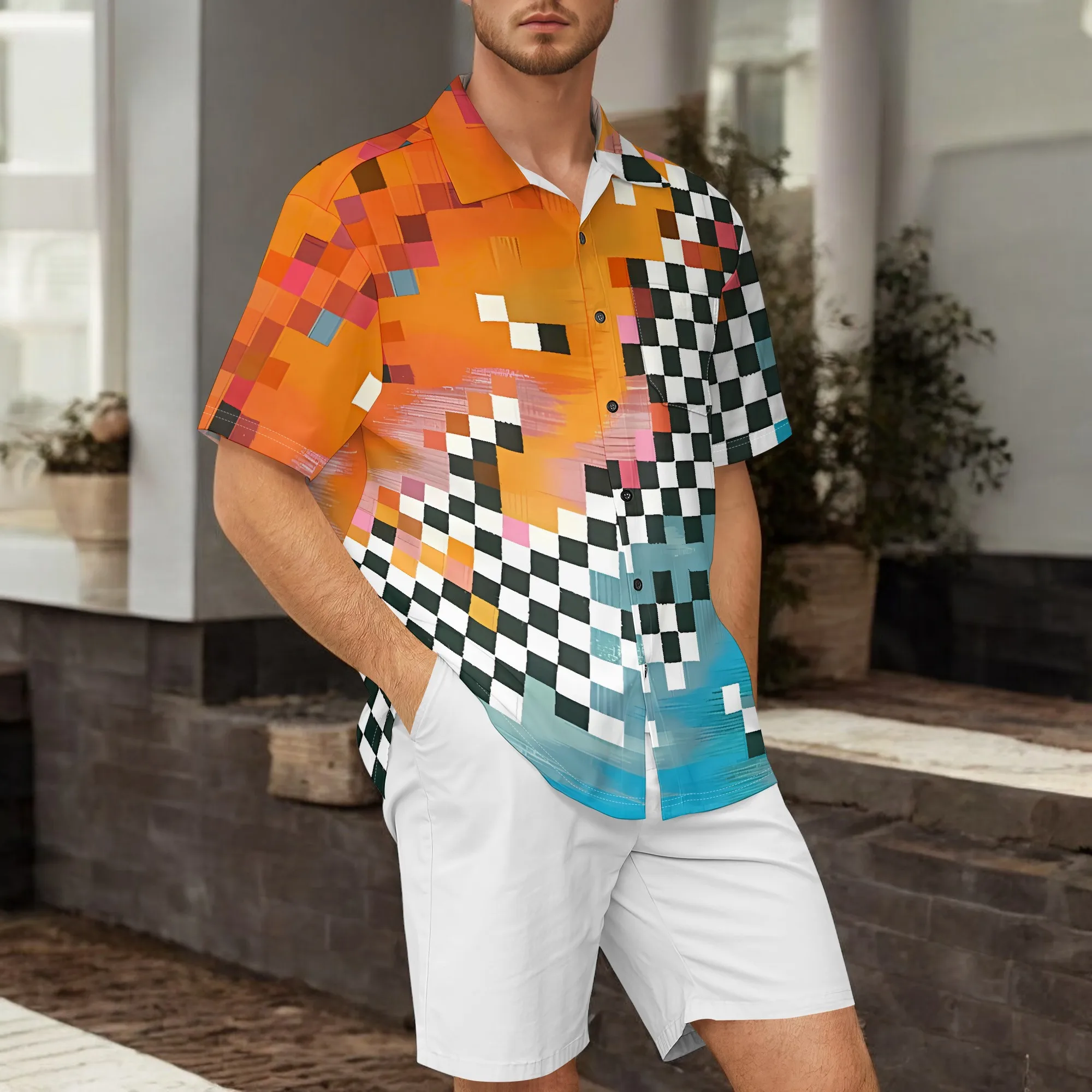 

YEAE Colorful Pixel Checkerboard Print Shirt for Men Summer Casual Short Sleeve Top