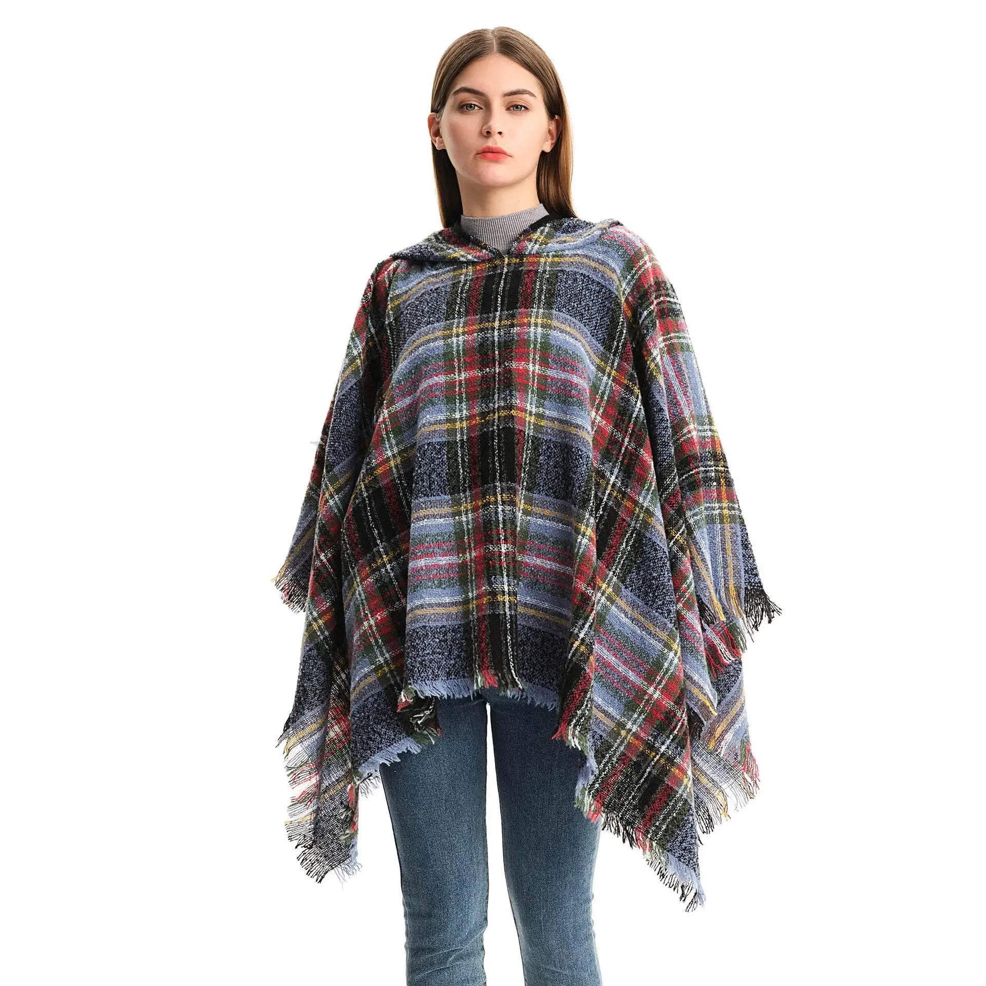 Fashion Ladies Hooded Plaid Cape Square Sweater Thicken Winter Shawl Wraps Blanket Scarf Coat Ponchos for Women