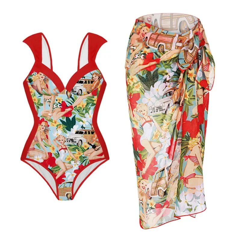 Double -sided Wear One Piece Swimsuit Women Print Swimwear Women Bow Swimwear Bathing Suit Beachwear Monokini Swim Bathing Suit