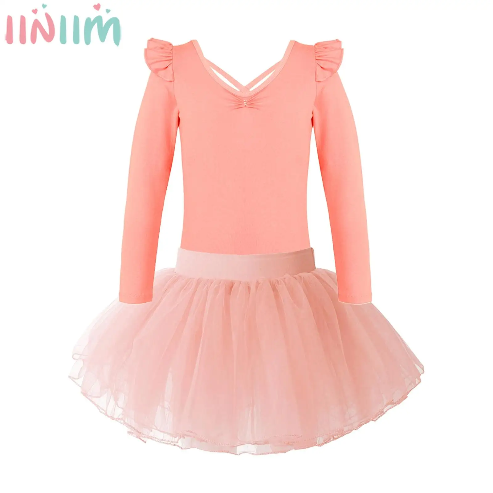 3-1Y Kids Girls Ballet Gymnastics Dance Tutu Dress Long Sleeve Bodysuit with Skirt for Dancing Class Training Stage Performance